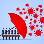 red umbrella protecting businessmen from virus bacteria
