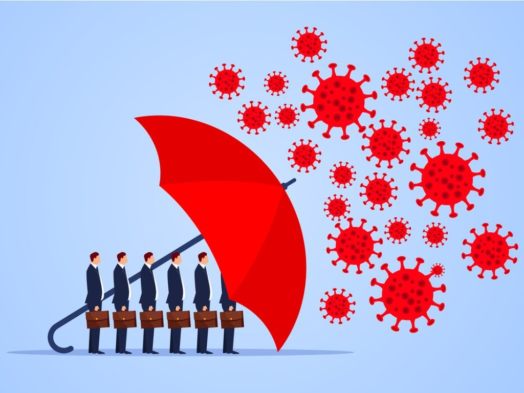 red umbrella protecting businessmen from virus bacteria