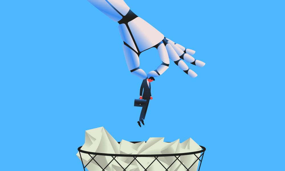 Giant robot throwing man in a trash can. Artifical intelligence replacing jobs concept. Vector illustration.