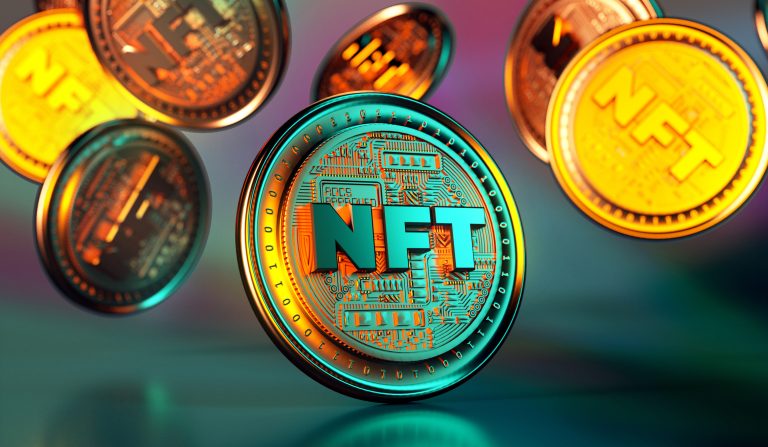 NFT non fungible token golden coins falling. Trendy cryptocurrencies and coins on the blockchain technology. Close up view of crypto money in 3D rendering