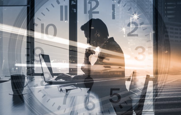 Work deadline, business success, and strategy concept. Double exposure
