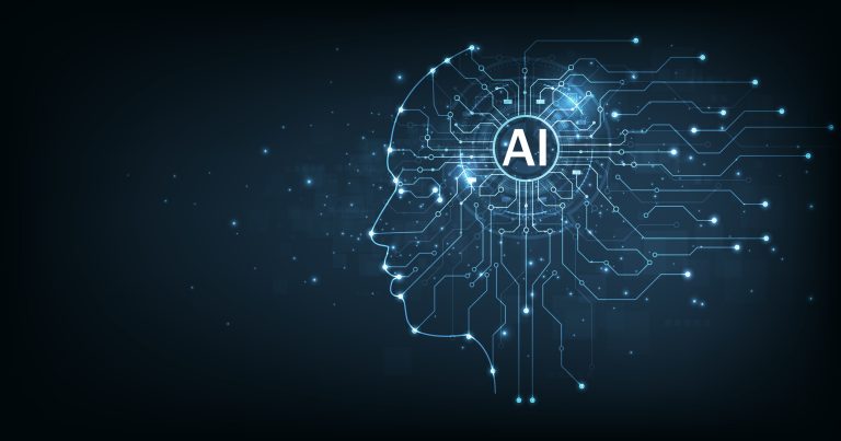 Electronic brain and Concept of artificial intelligence(AI). Graphic of a digital brain and Human head outline made from circuit board, connecting on dark blue background.