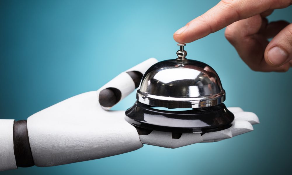 Person's Ringing Service Bell Hold By Robot On Turquoise Background